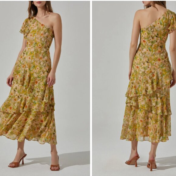 Astr Dresses & Skirts - ASTR The Label Asymmetric Ruffle One-shoulder Maxi Dress In Green Cream Floral